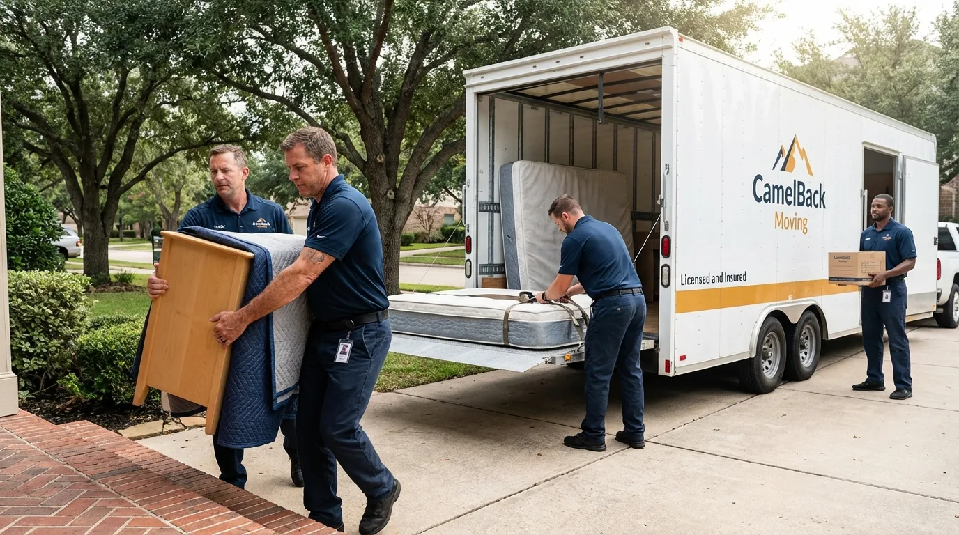 Crew loading residential truck for cross-state move from Clear Lake, WI