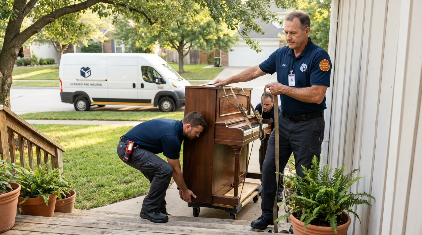 Licensed piano movers securing grand piano in Clear Lake, WI