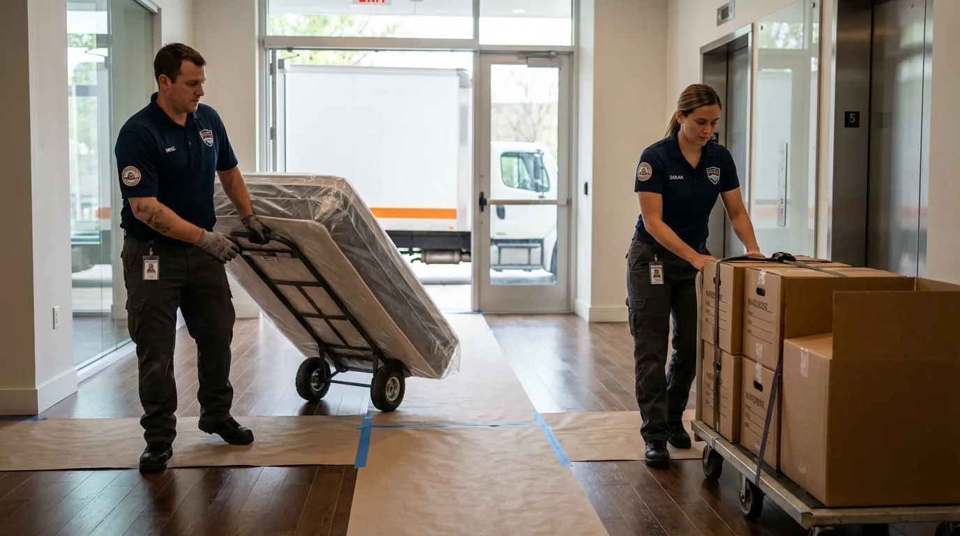 Professional apartment movers loading elevator in Clear Lake, WI
