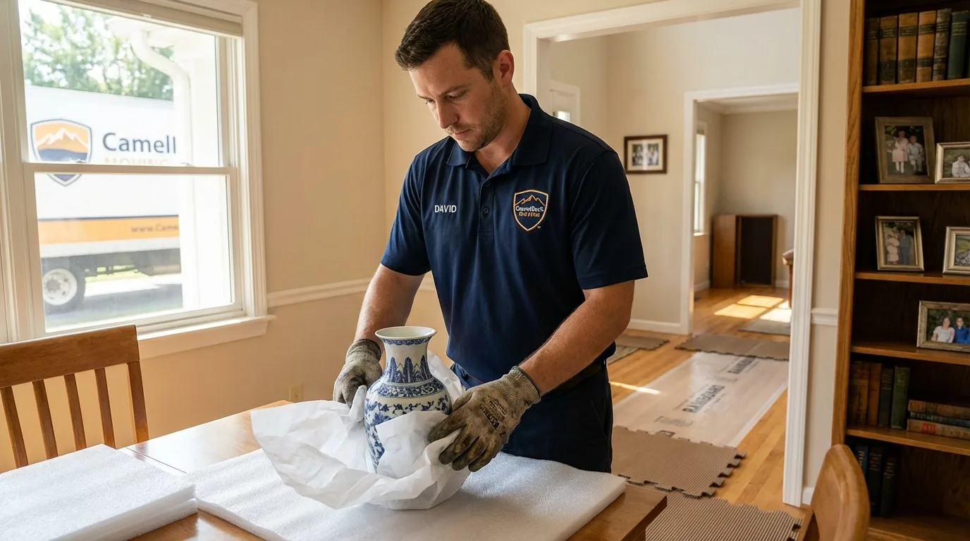 Professional crew carefully wrapping antique vase for senior downsizing move in Clear Lake, WI