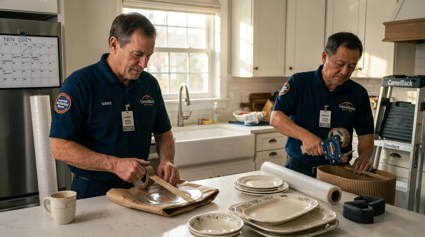 Professional crew packing kitchen dishware in Clear Lake, WI